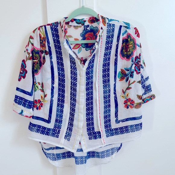 Anthropologie Chumbak Shirt Embroidered Sequin Floral Top Festival Boho Blouse - Picture 1 of 6